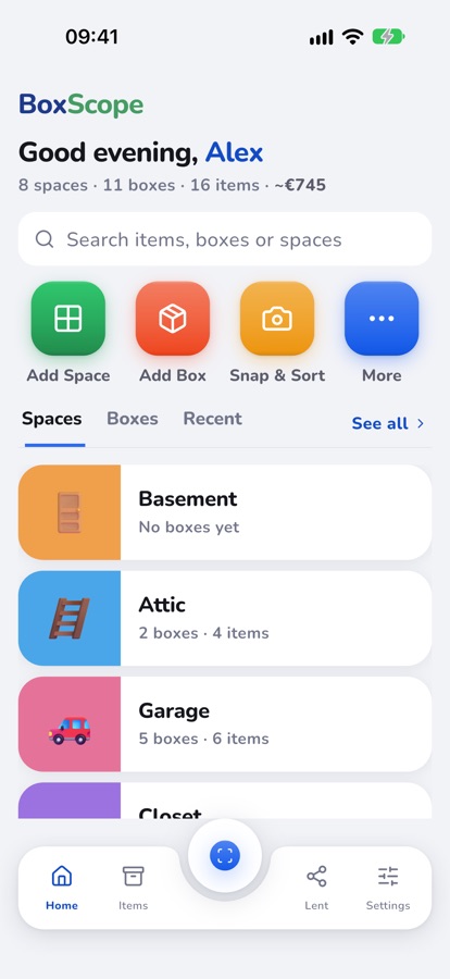 Home screen with spaces Basement, Attic and Garage